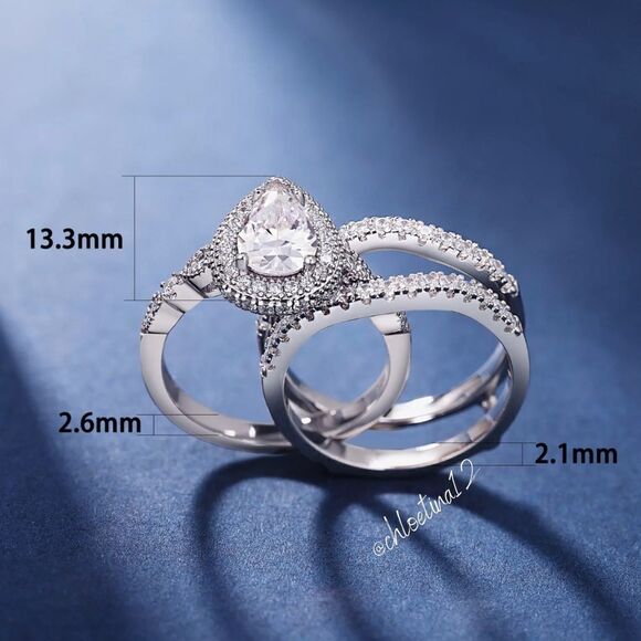 3 Ct Halo Pear Shape Wedding Engagement Band Enhancer Ring Set Sterling Silver - Picture 4 of 9